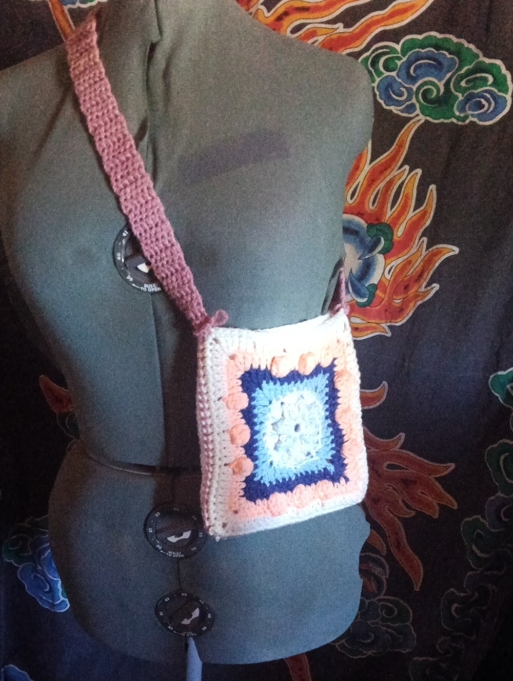 Handmade Crochet Crossbody Bag 8x8 in Pink and Blue